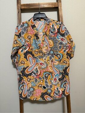 SHEIN Mustard Multi Paisley Short-Sleeve Button-Up Blouse